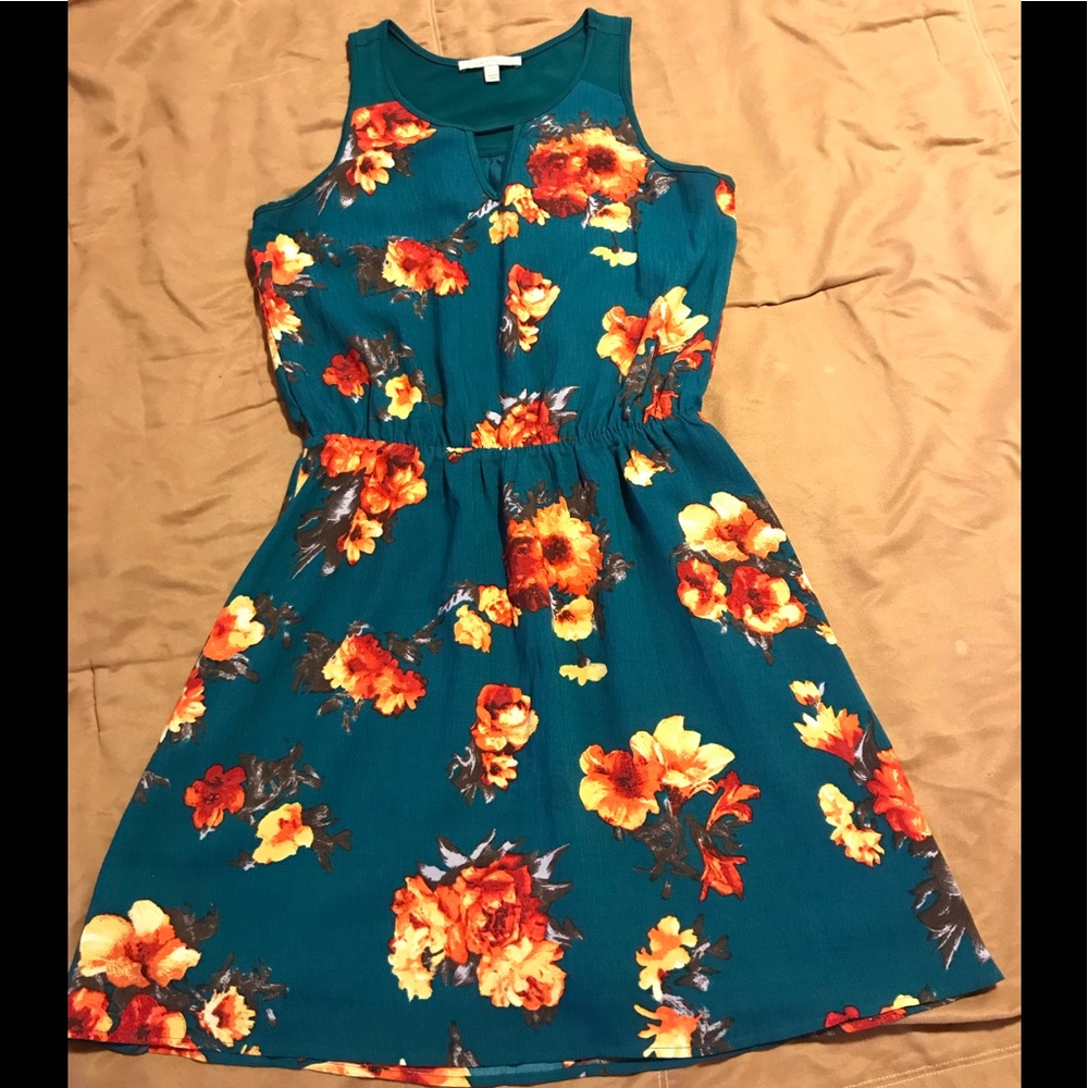 Bold colored floral dress.